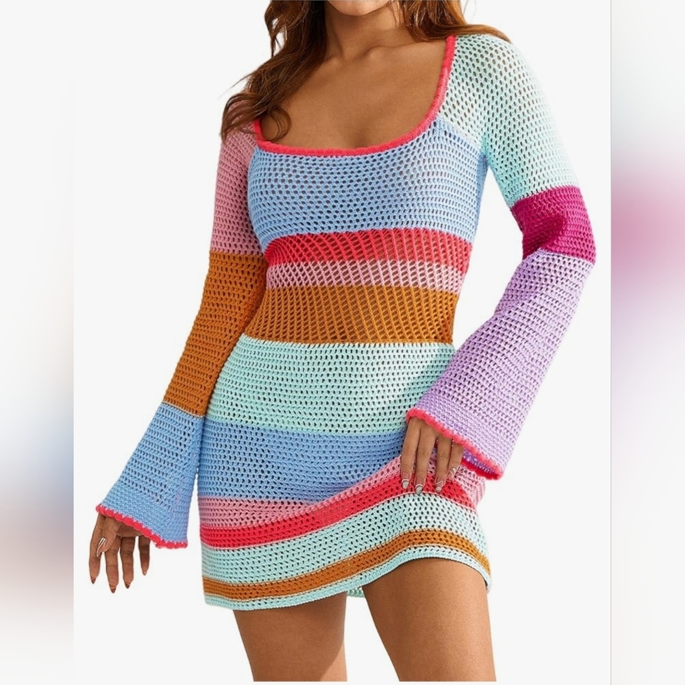 Multicolor Crochet Swim Coverup (T33)